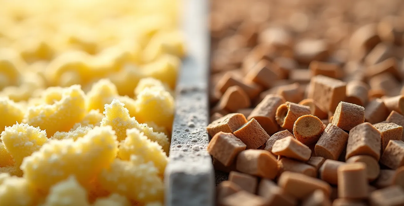 Makroaufnahme von Mineralwolle und Holzfaserdämmung im direkten Vergleich