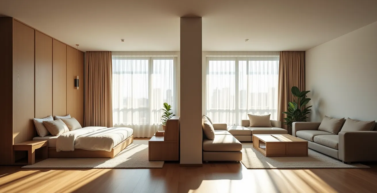 Vergleichende Darstellung von flexiblen Wohnzonen und festen Zimmern in einer 85 m² Wohnung