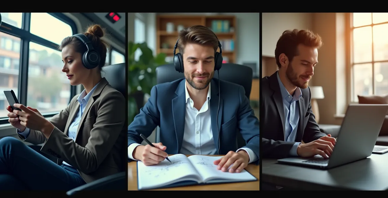 Berufstätiger beim digitalen Mikrolernen in verschiedenen Alltagssituationen