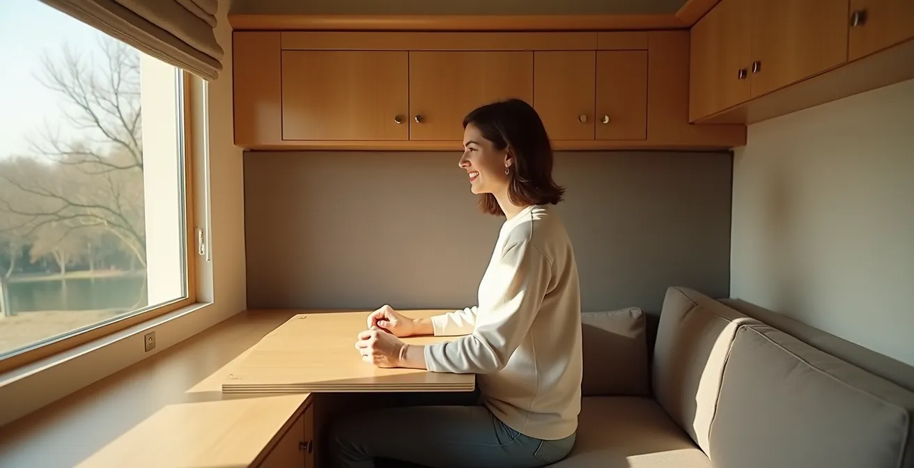 Kompakte 6m² Raumecke mit klappbarem Arbeitsplatz und Schlafsessel