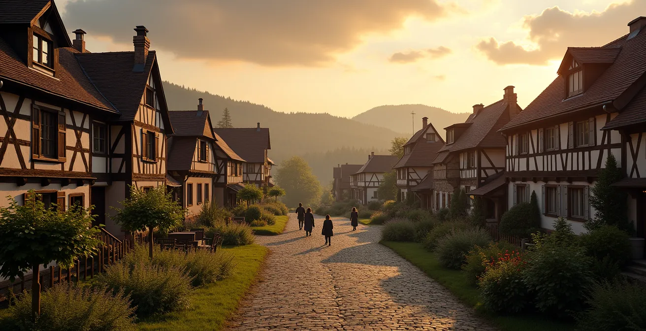 Weitläufige Ansicht eines traditionellen deutschen Museumsdorfs mit Fachwerkhäusern im goldenen Abendlicht