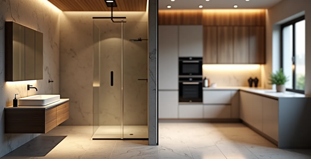 Geteilte Ansicht von modernem Badezimmer und Designer-Küche