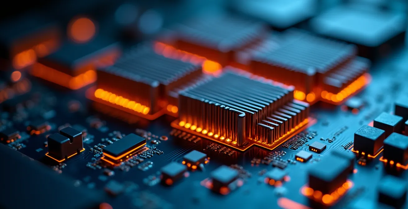 Makroaufnahme von Serverracks mit sichtbarer Wärmeabstrahlung, die den Energieverbrauch symbolisiert.