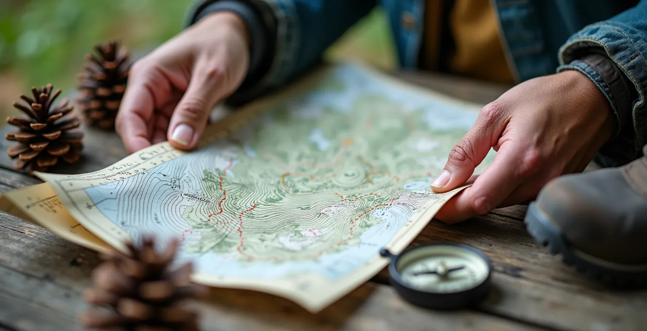 Hände halten alte topografische Wanderkarte mit markierten versteckten Pfaden