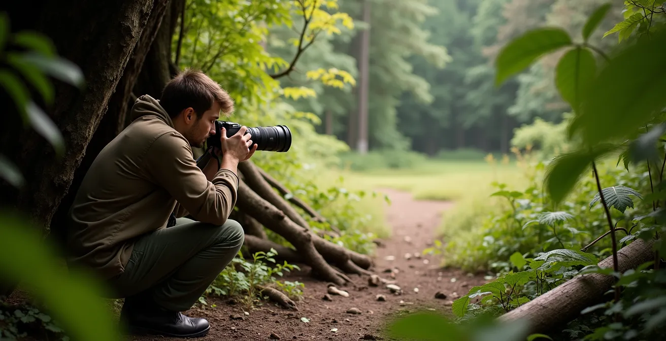 Eine Person in Tarnkleidung beobachtet geduldig aus einem Versteck im Wald eine Lichtung, um Wildtiere nicht zu stören.