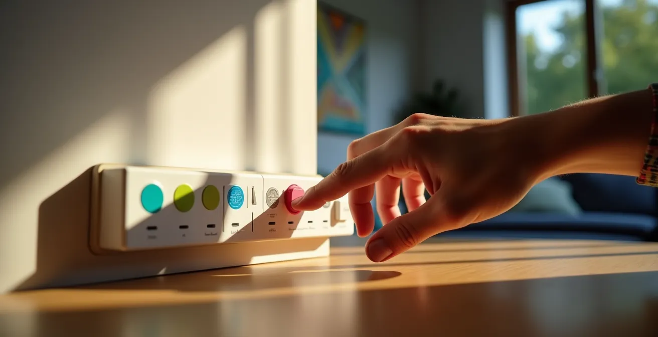 Organisierte Aktionszonen mit beschrifteten Steckdosenleisten im modernen Haushalt