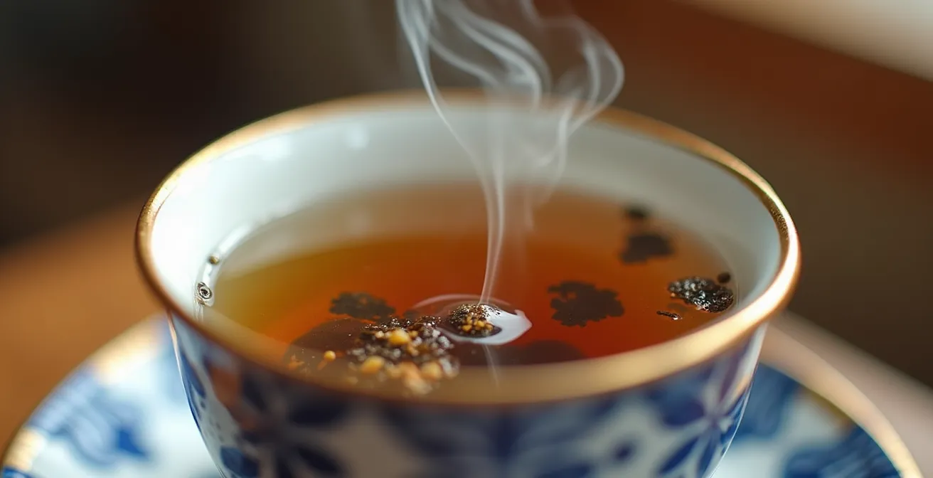 Makroaufnahme einer dampfenden Teetasse, die zur sensorischen Wahrnehmung und aktiven Erholung einlädt.