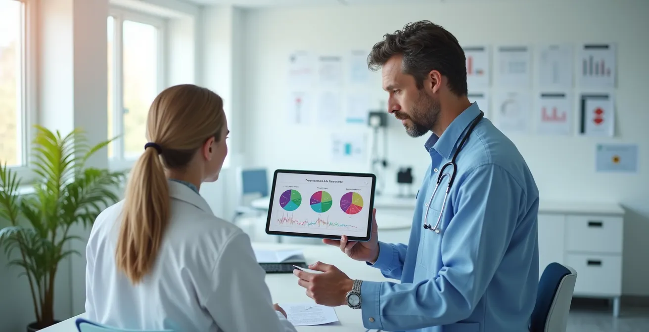 Arzt und Patient besprechen Gesundheitsdaten auf Tablet in moderner Praxis