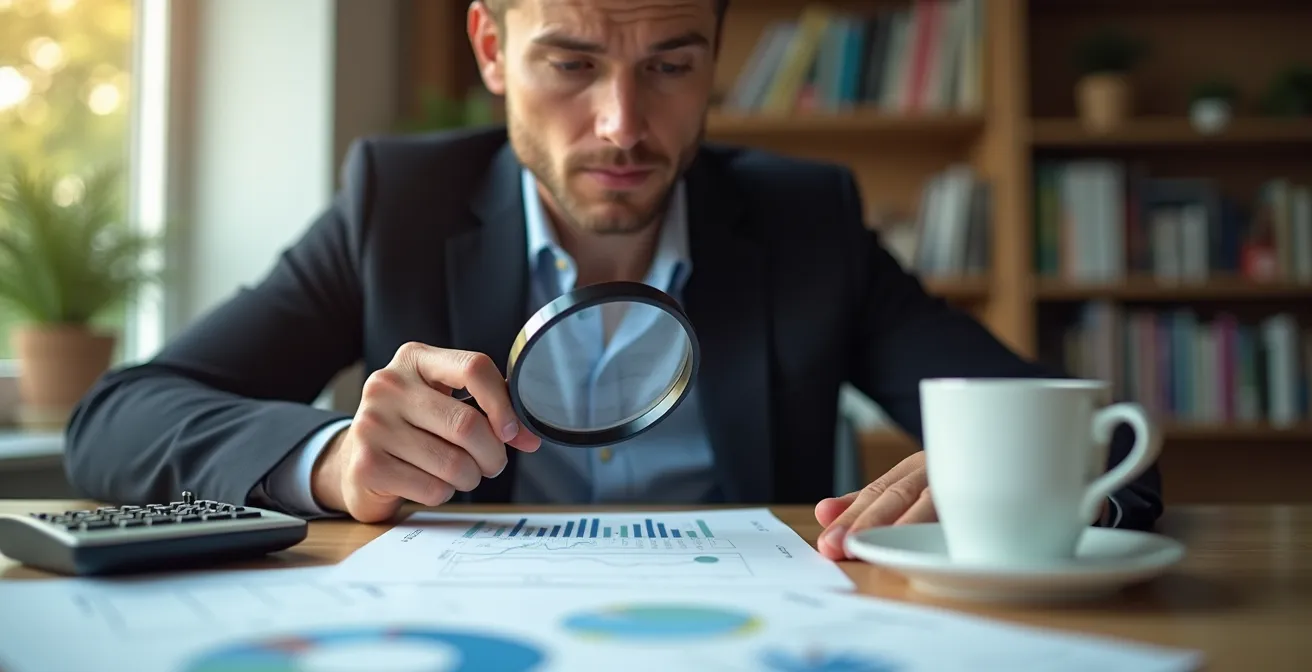 Ein konzentrierter Anleger prüft mit einer Lupe Finanzkennzahlen, um eine Aktie ohne Fachwissen zu bewerten.