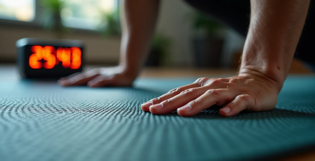 Nahaufnahme von Händen bei Liegestützen mit Timer im Hintergrund