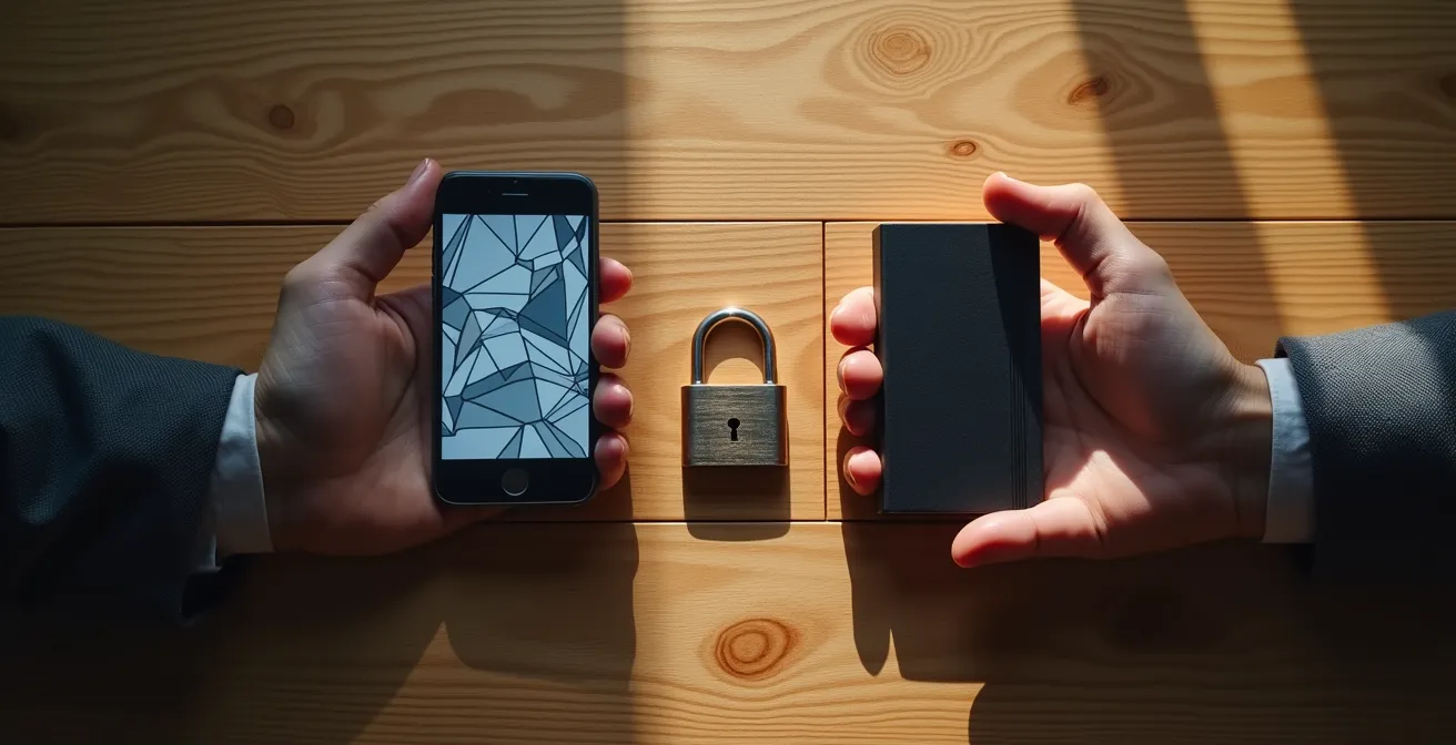 Hybride Nutzung von datenschutzfreundlichen Alternativen zu Google-Diensten, symbolisiert durch einen physischen Schlüssel neben einem Smartphone.