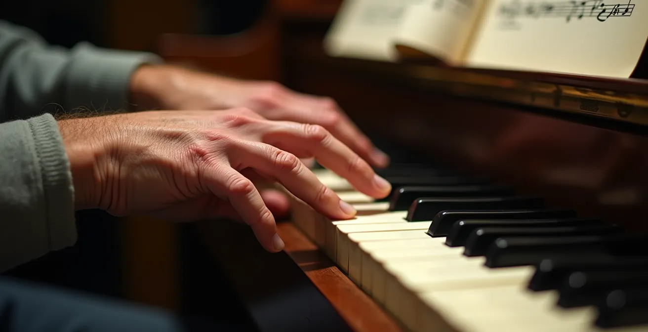 Makroaufnahme von reifen Händen, die gezielt und langsam eine schwierige Passage auf dem Klavier üben.