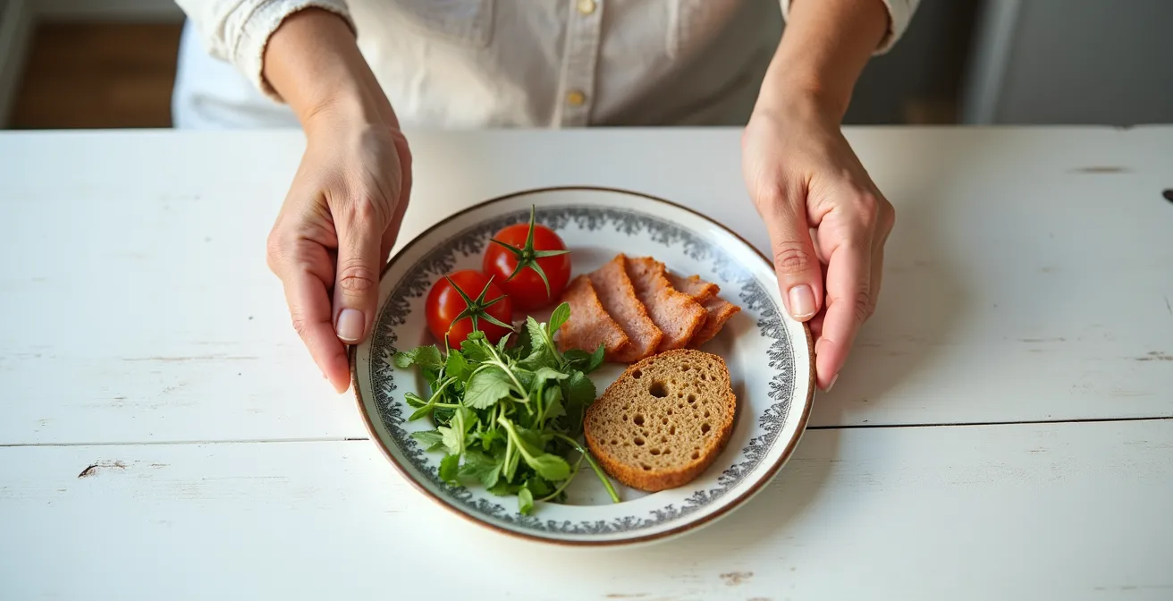 Traditioneller deutscher Frühstücksteller mit idealer Portionsaufteilung