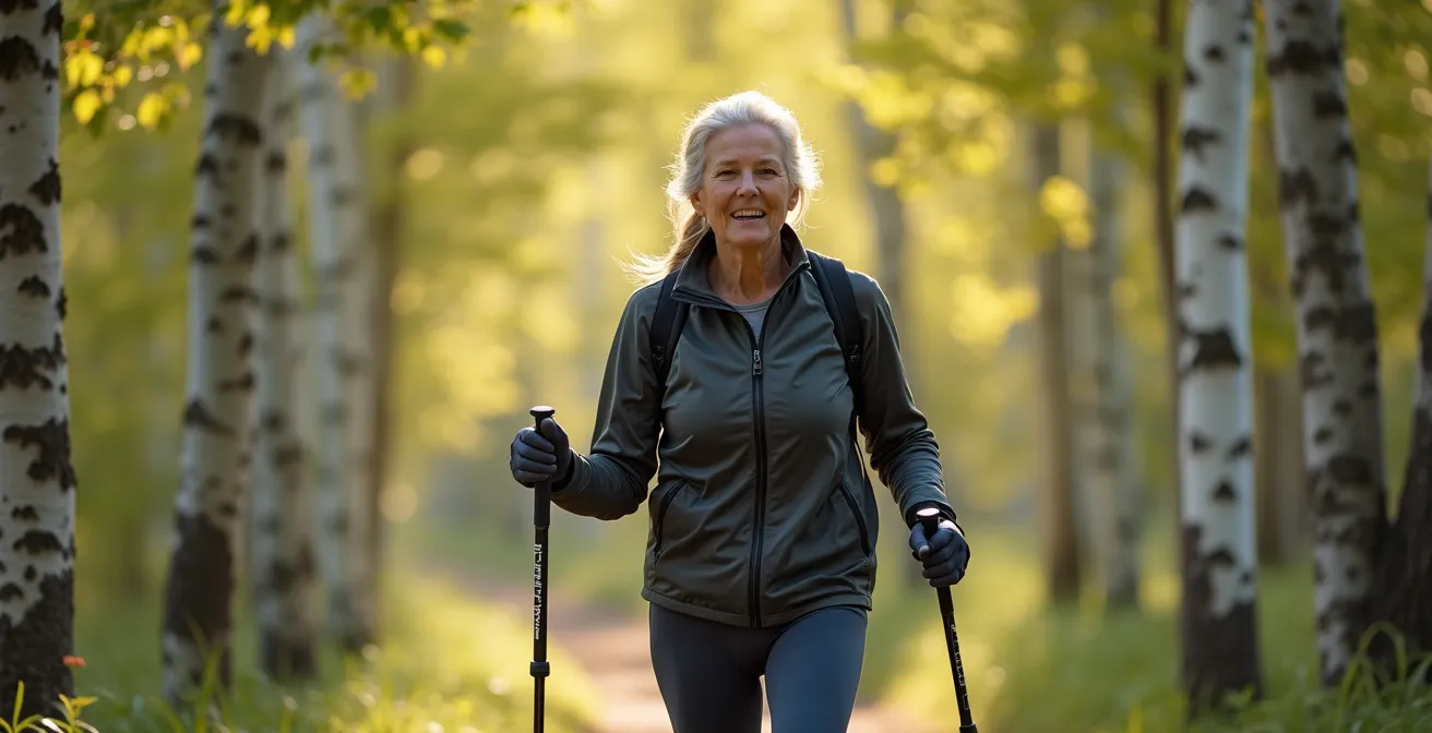 Eine reife Person beim Nordic Walking, die sich gleichzeitig auf eine kognitive Aufgabe konzentriert.