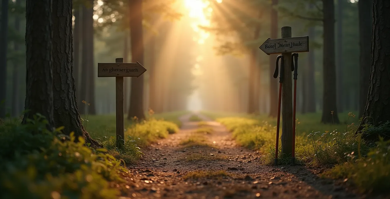 Eine Person steht an einem Scheideweg im Wald, der die Wahl zwischen einem schmalen Pfad für die Einzeltherapie und einem breiteren Weg für die Selbsthilfegruppe symbolisiert.