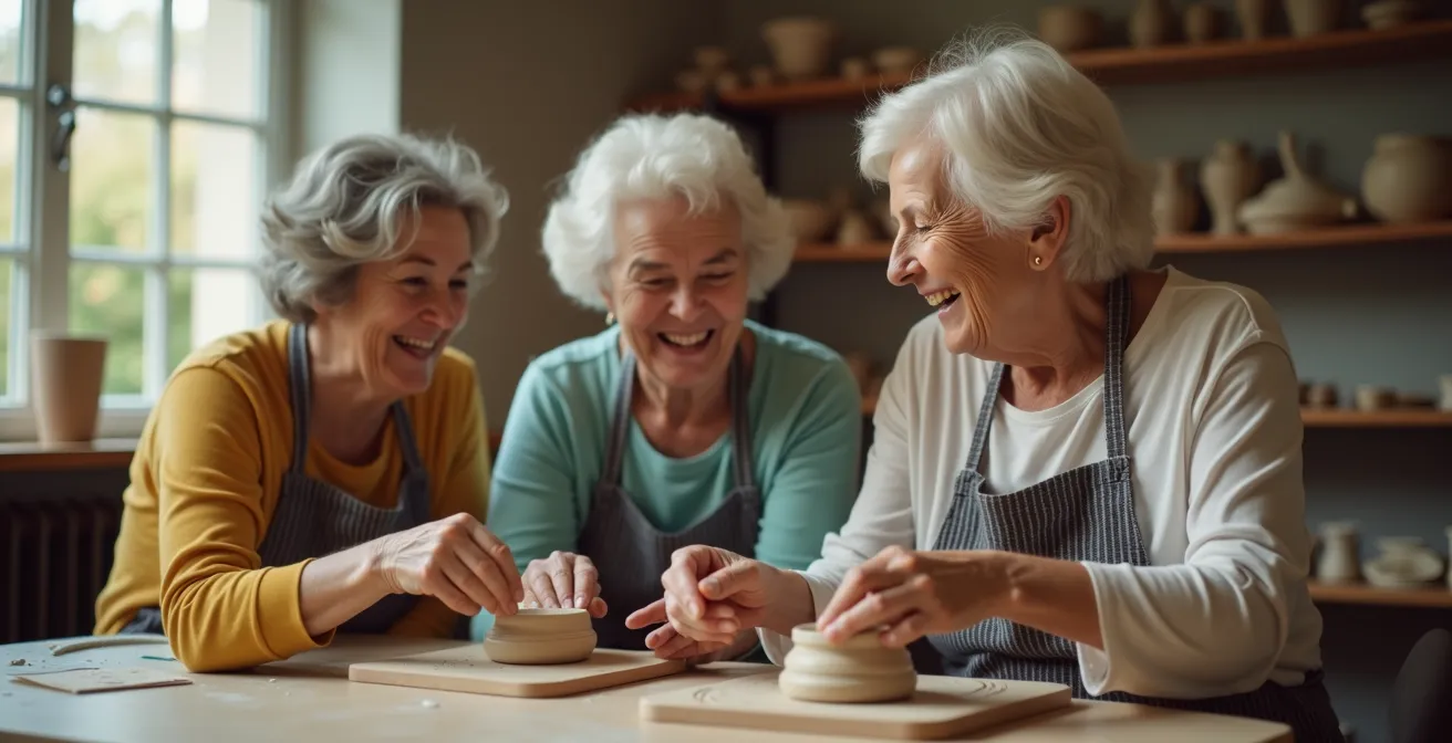 Erwachsene bei einem Volkshochschulkurs lernen sich bei gemeinsamen Aktivitäten kennen