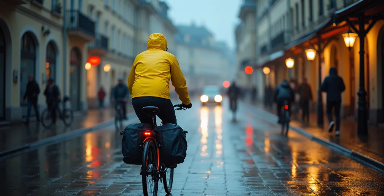Ein Radfahrer mit heller, wetterfester Ausrüstung fährt selbstbewusst durch eine regnerische deutsche Stadt.