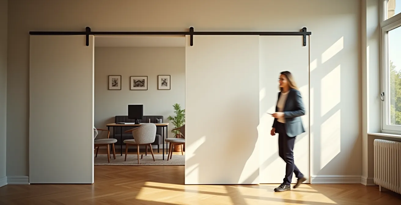 Flexible Trennwand teilt Wohnraum in Arbeits- und Wohnbereich