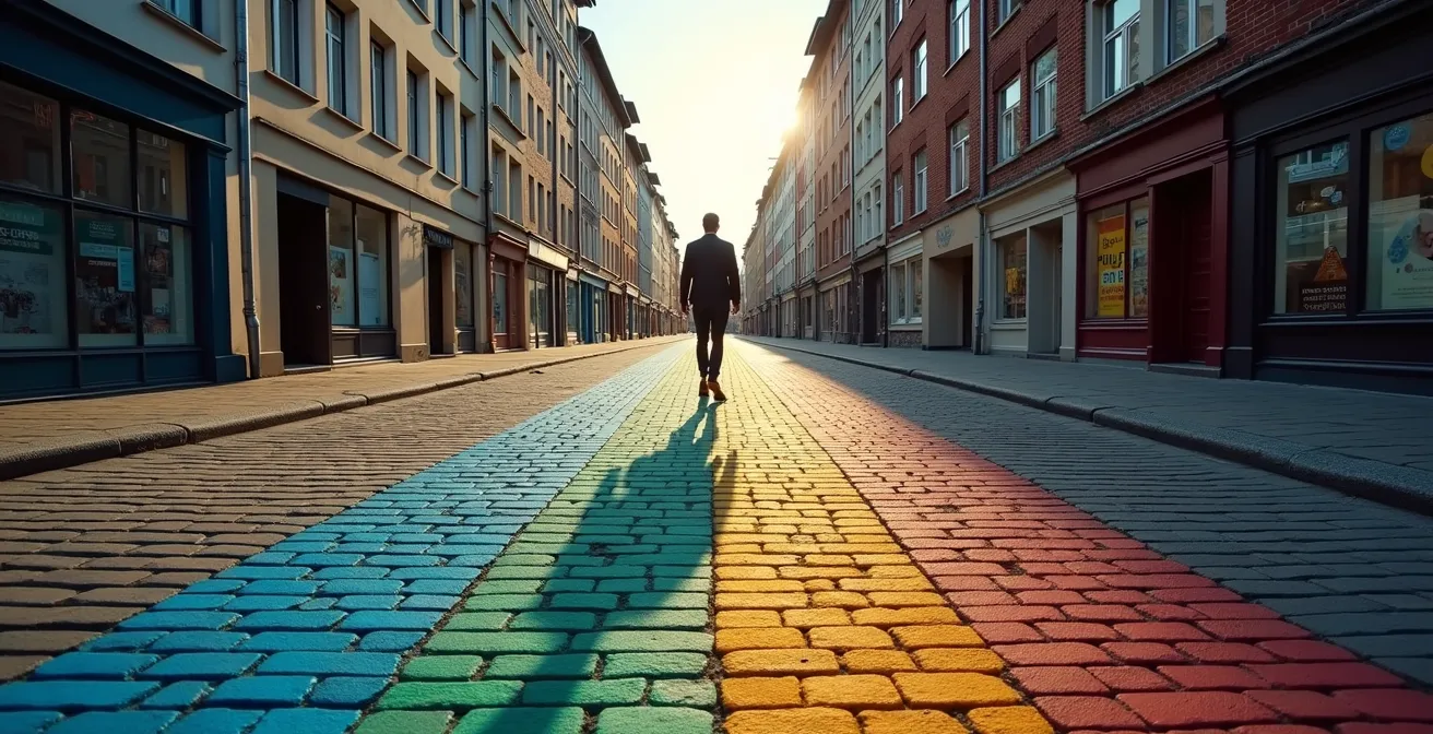 Ein abstraktes Bild, das einen ausgetretenen Routinepfad neben neuen, vielfältigen Wegen zeigt, die für kognitive Flexibilität stehen.