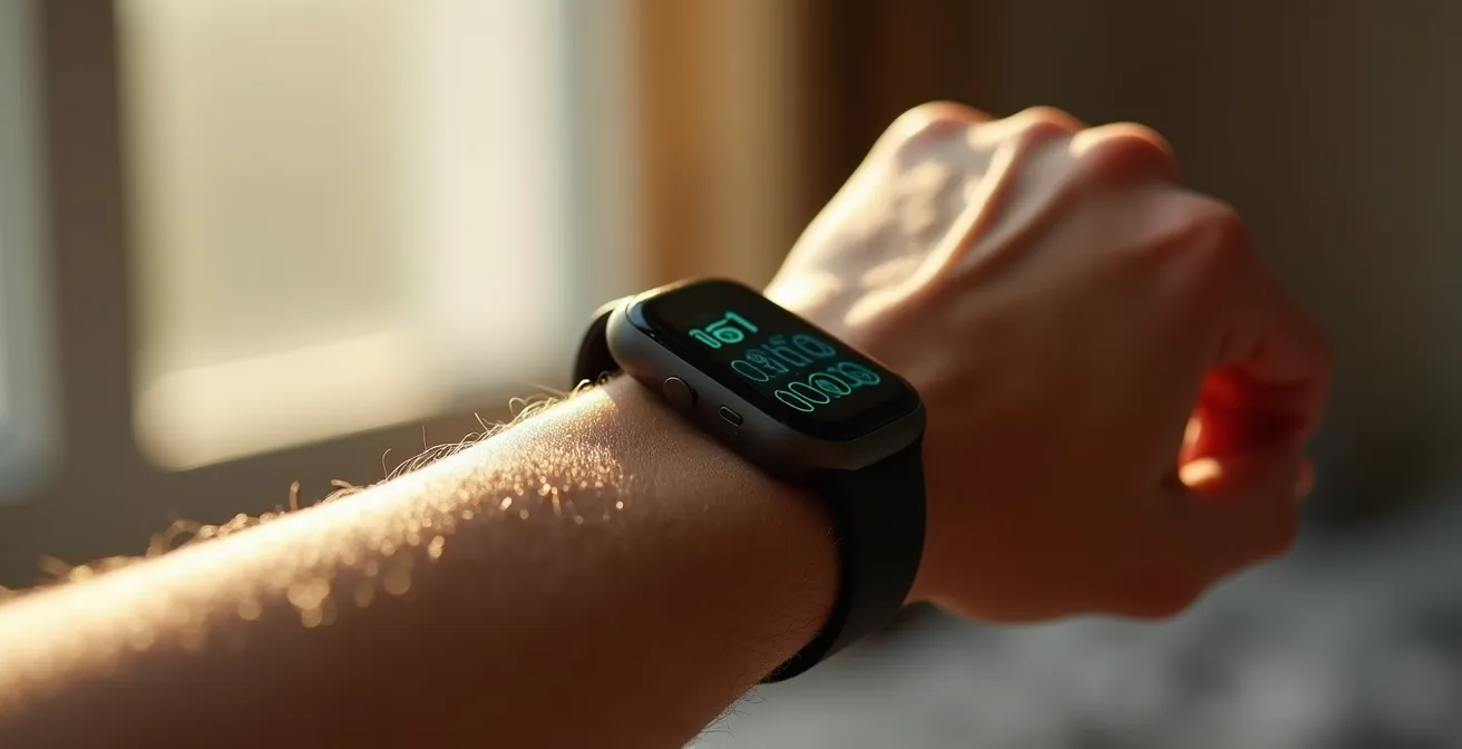 Nahaufnahme eines Sportlers beim Messen der Herzfrequenz am Morgen