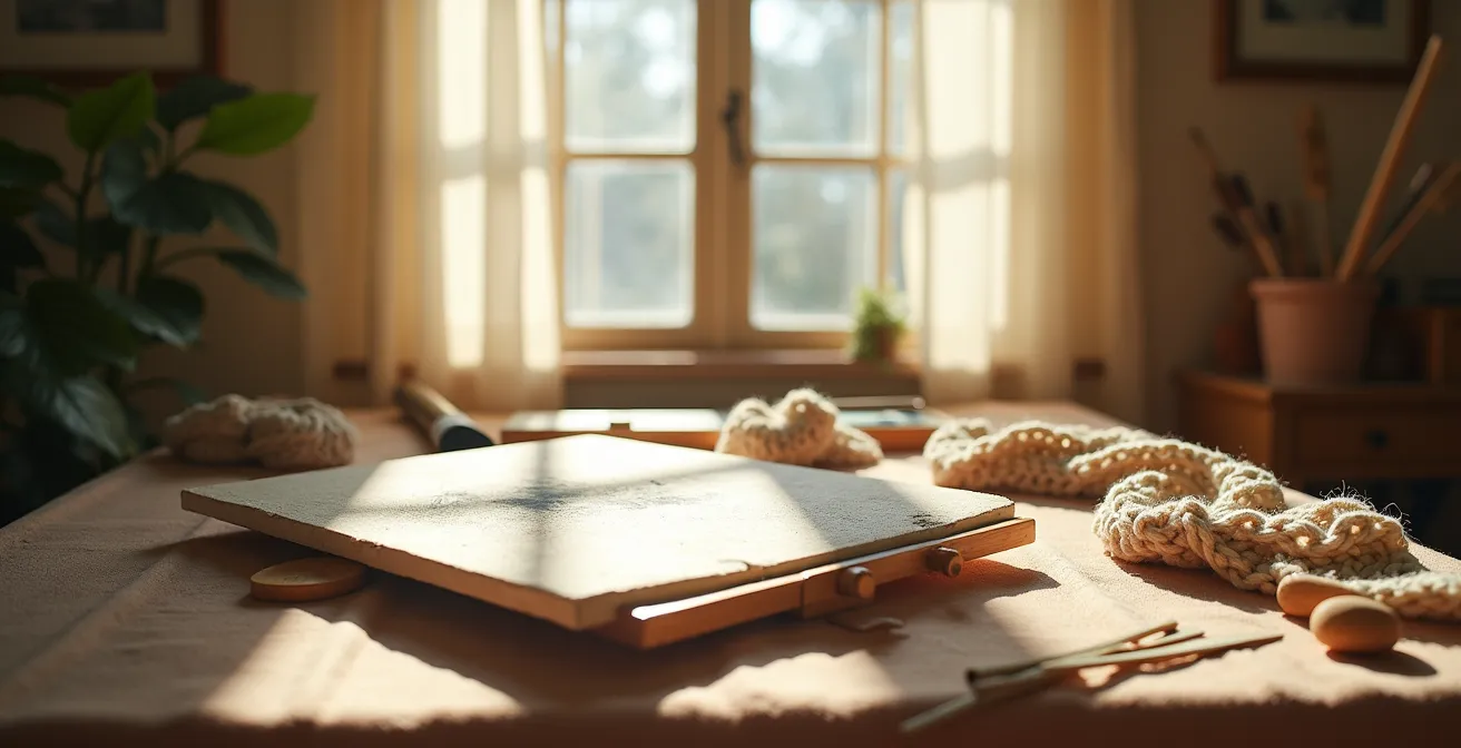 Ein unfertiges Kunstwerk liegt entspannt neben Werkzeugen auf einem sonnigen Tisch und symbolisiert die Freude am Prozess statt am perfekten Ergebnis.