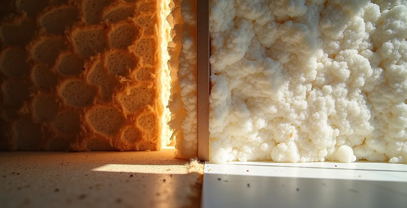 Vergleichender Querschnitt von Holzfaser- und Mineralwolldämmung im Dachaufbau