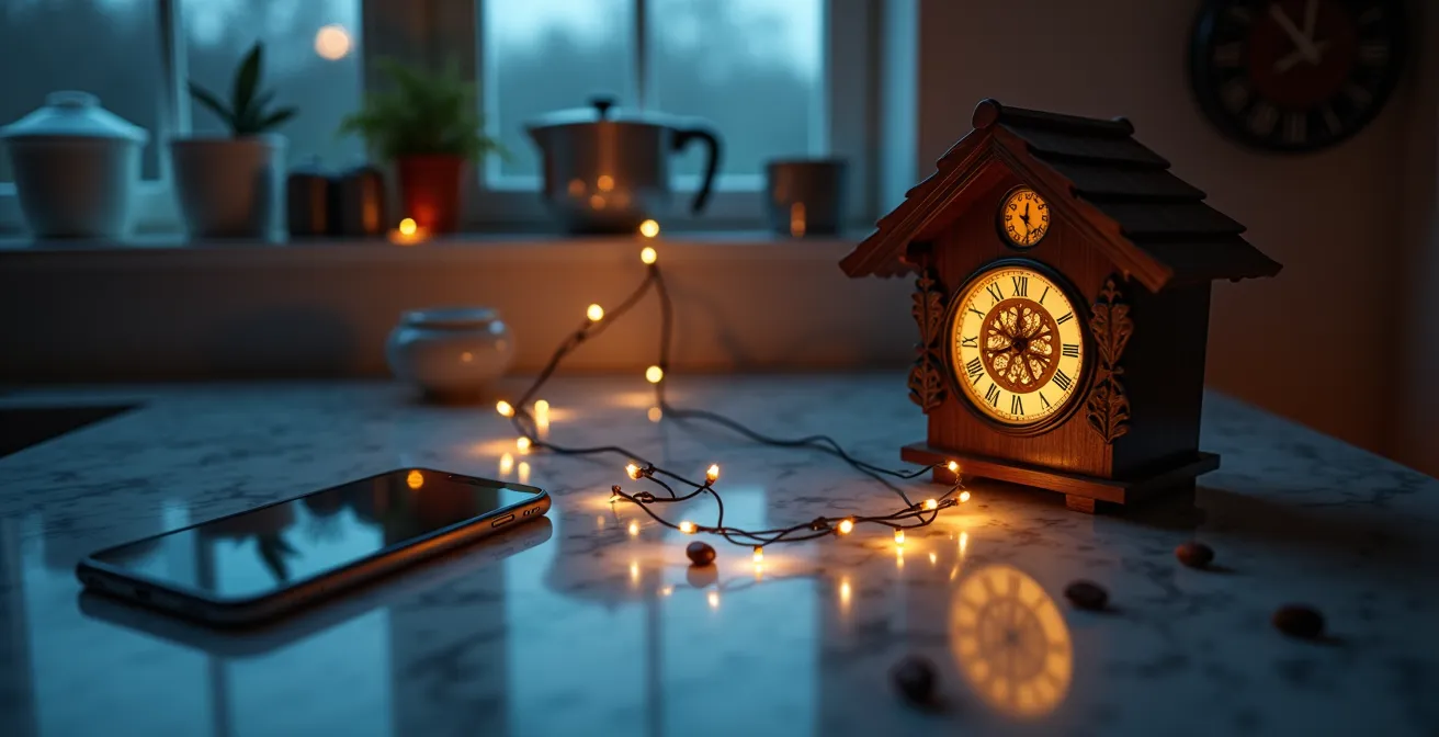 IFTTT-Automatisierung als digitale Heinzelmännchen im deutschen Alltag, symbolisiert durch eine leuchtende Kette auf einer Küchentheke.