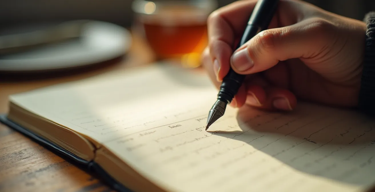 Nahaufnahme von Händen, die mit einem Füller in ein Notizbuch schreiben, als Symbol für das Resilienz-Training durch Journaling.