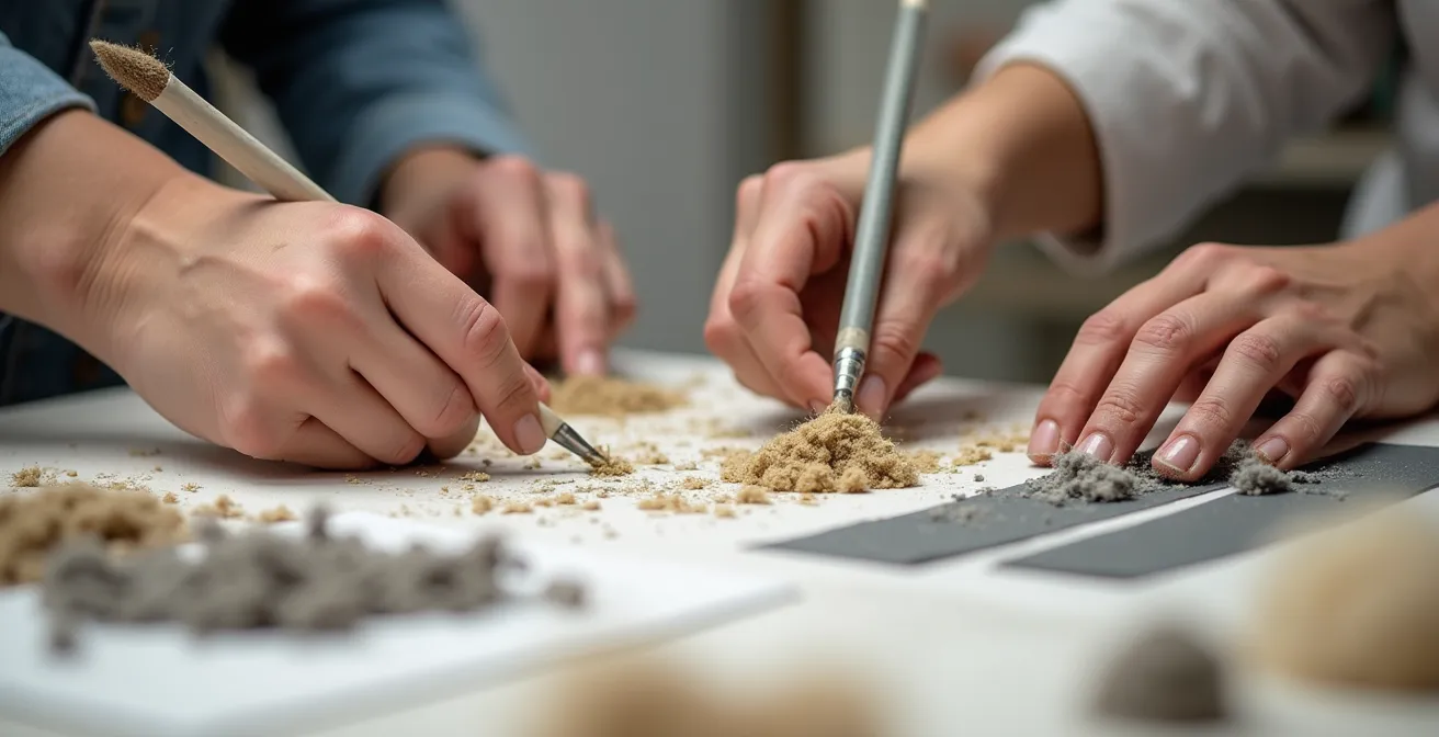 Hände arbeiten mit verschiedenen Materialien in entspannter Atmosphäre