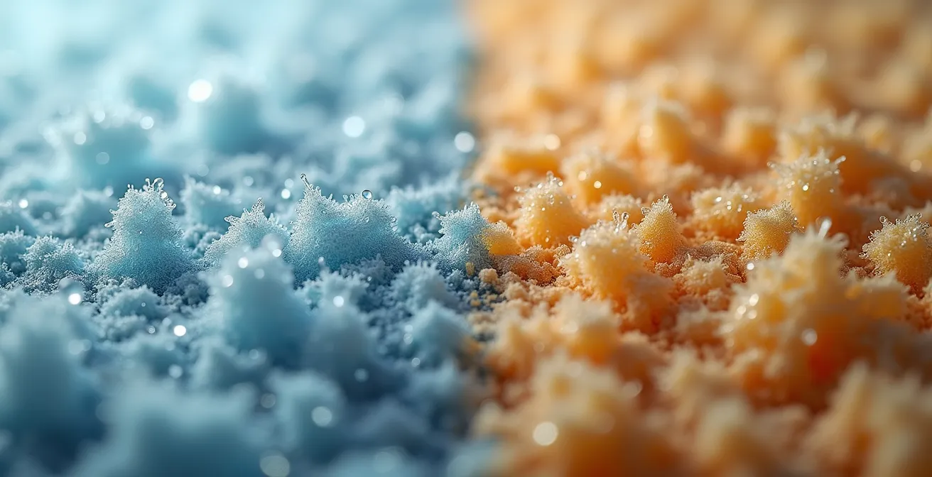 Makroaufnahme Vergleich zwischen Mineralwolle und Holzfaserdämmung