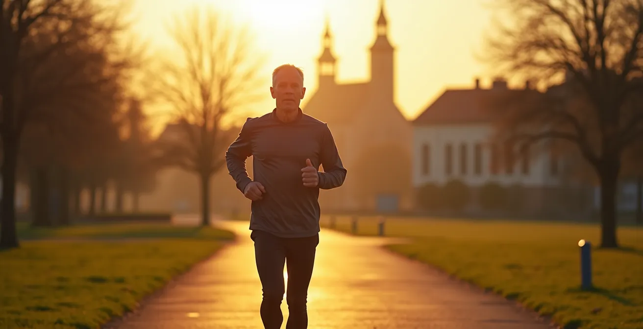 Jogger im deutschen Stadtpark bei Morgenlicht