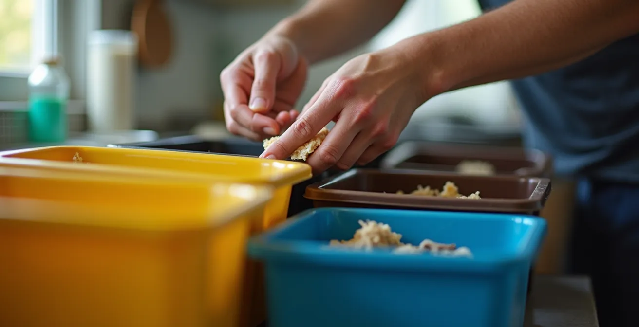 Nahaufnahme von Händen, die Müll sorgfältig in die verschiedenfarbigen deutschen Mülltonnen sortieren.