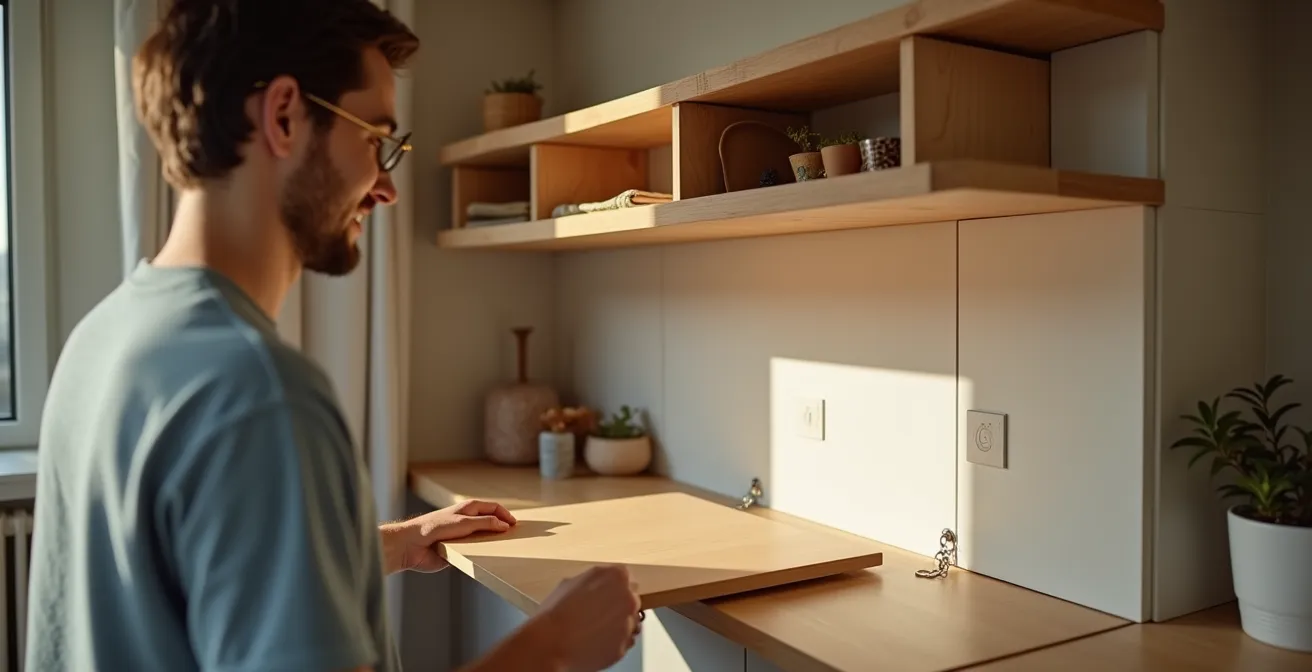 Kompakter Raum mit wandmontiertem Klapptisch und integriertem Schrankbett
