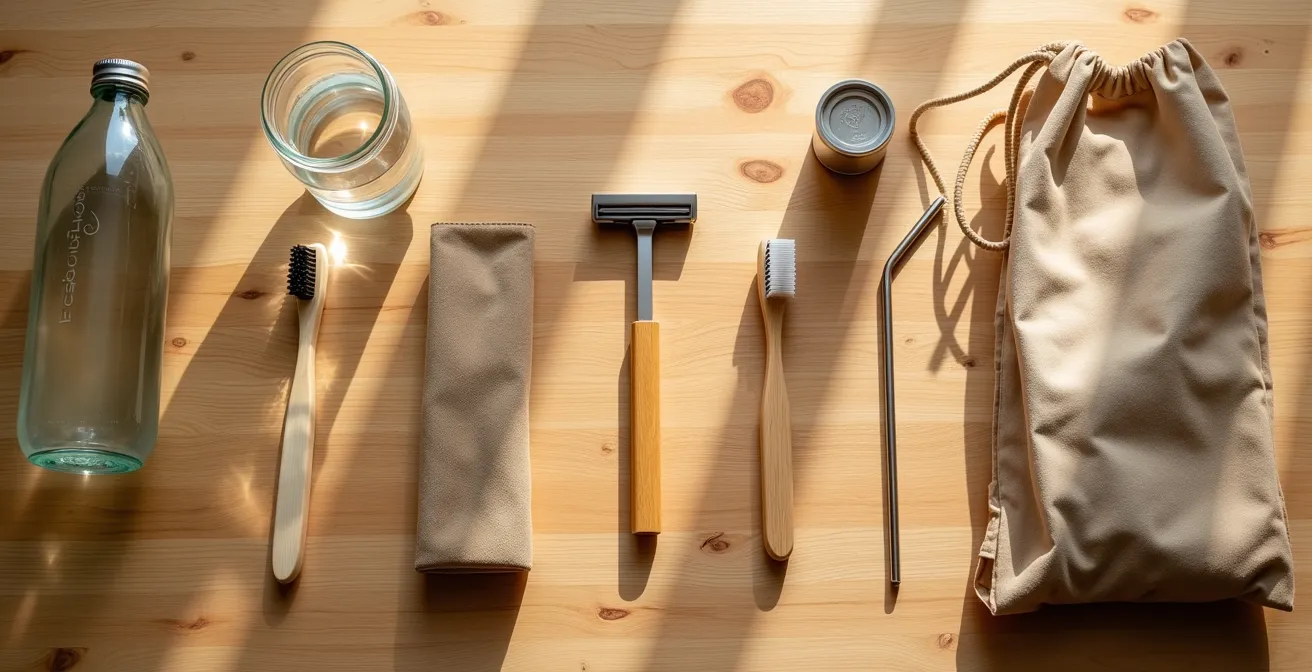 Sammlung von wiederverwendbaren Alltagsprodukten wie einer Glasflasche, Bambuszahnbürste und Stoffbeuteln auf einem Holztisch.