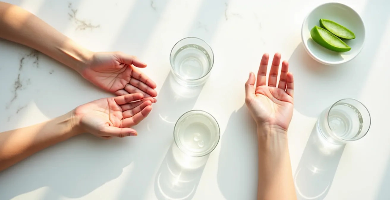 Zwei Hände nebeneinander, die eine zeigt eine leicht ölig glänzende Haut, die andere eine subtil trockene Textur.