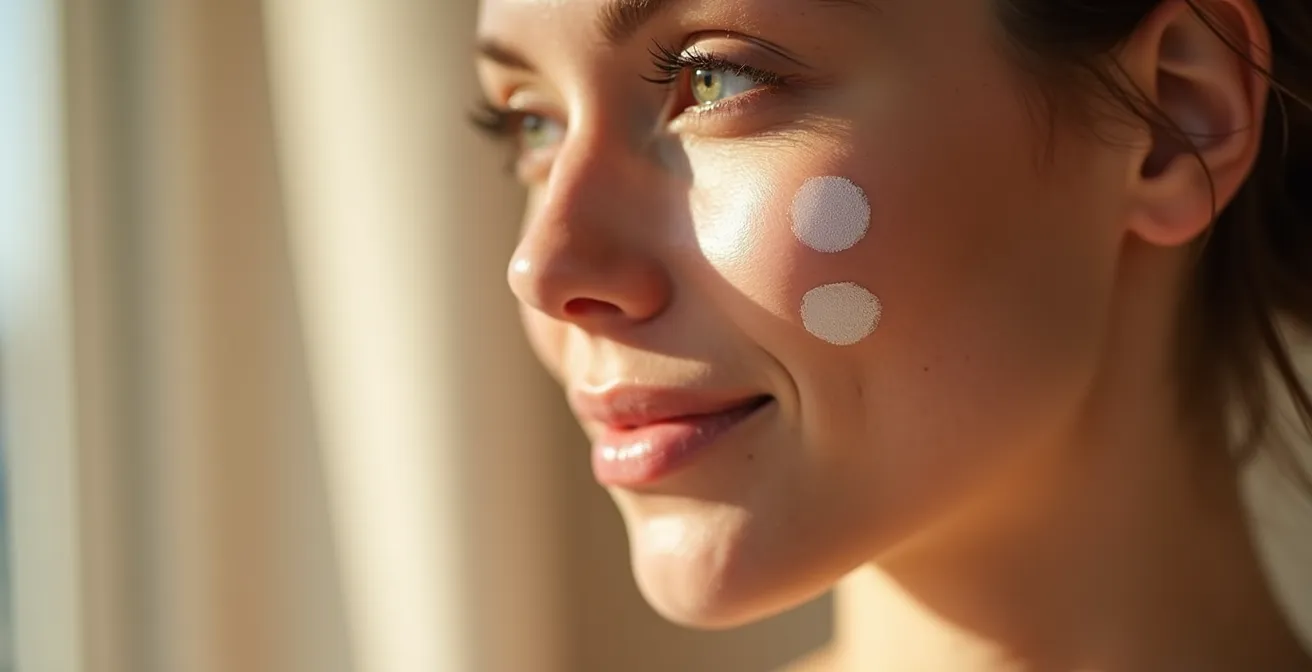 Nahaufnahme eines Gesichts mit drei markierten Testbereichen für systematischen Verträglichkeitstest