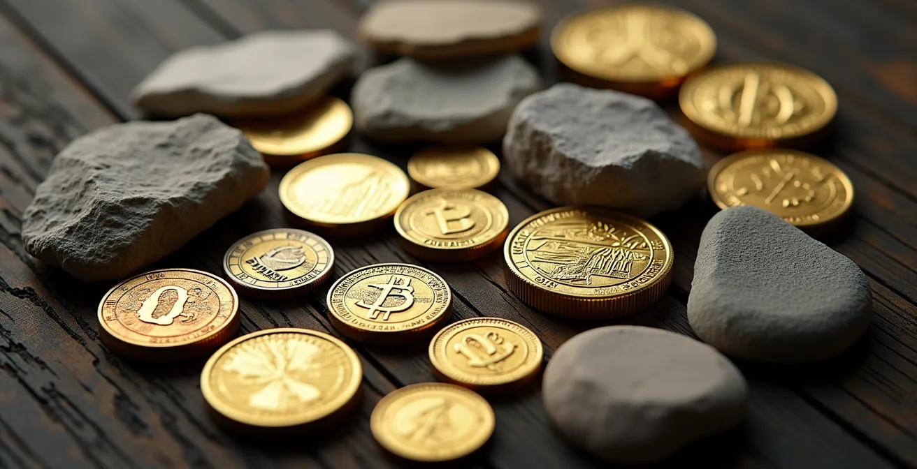 Ein diversifiziertes Portfolio dargestellt durch verschiedene Materialien wie Gold, Beton und Seide, die unterschiedliche Anlageklassen symbolisieren.