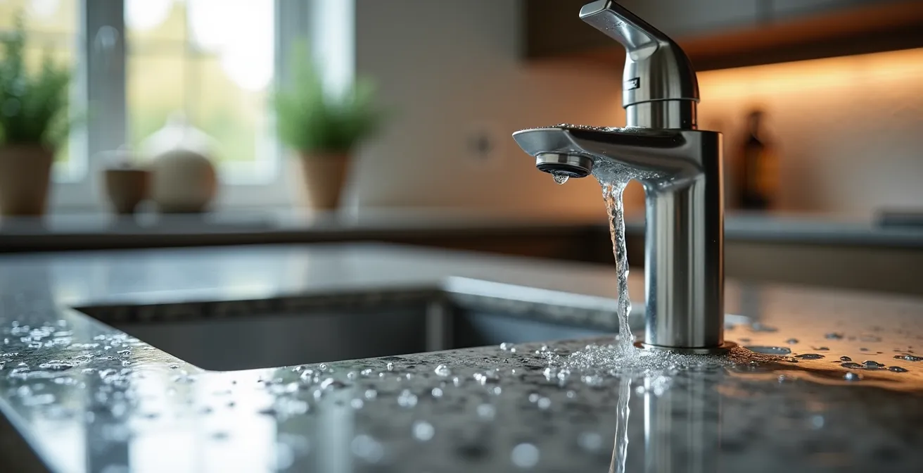 Detailaufnahme moderner Küchenarmaturen und Arbeitsplatte in deutschem Eigenheim