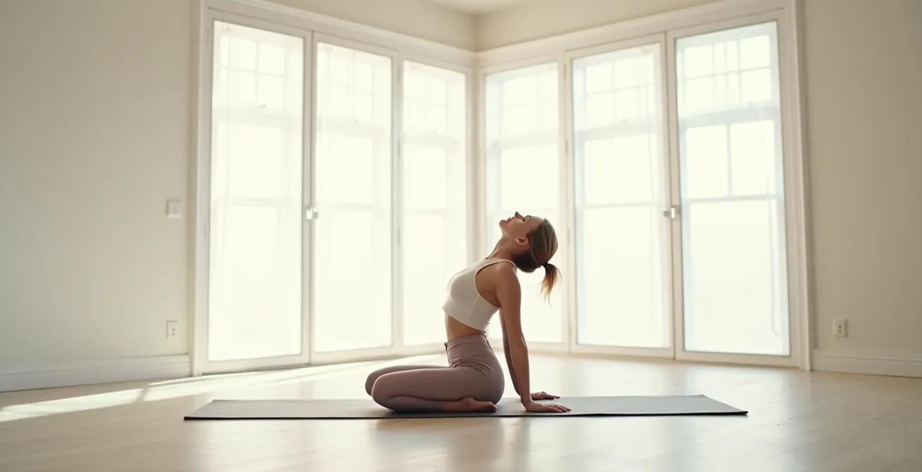 Person demonstriert kontrollierte Dehnung mit entspanntem Gesichtsausdruck