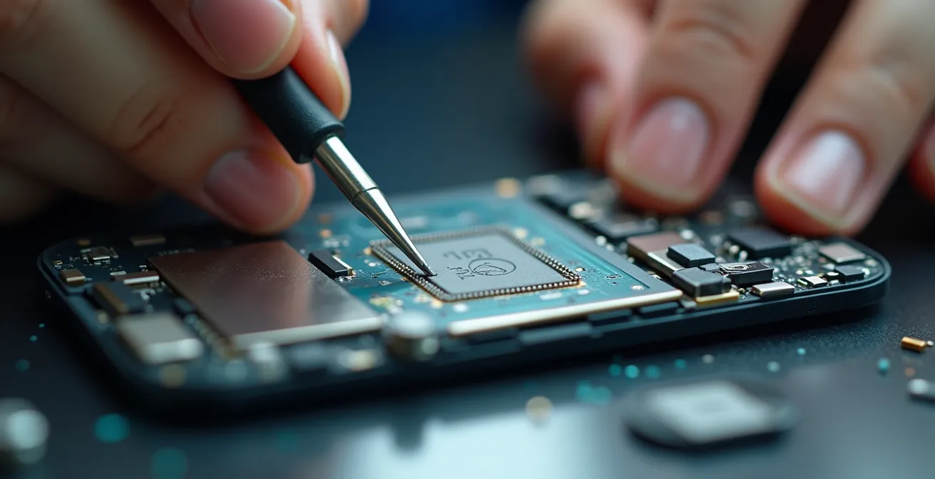 Detailaufnahme von Händen, die mit Präzisionswerkzeugen das Innere eines Smartphones reparieren, um den Lebenszyklus zu verlängern.