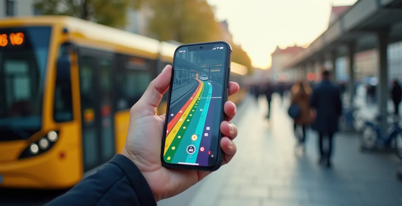 Hand hält ein Smartphone mit einer Mobilitäts-App-Oberfläche an einer städtischen Haltestelle in Deutschland.