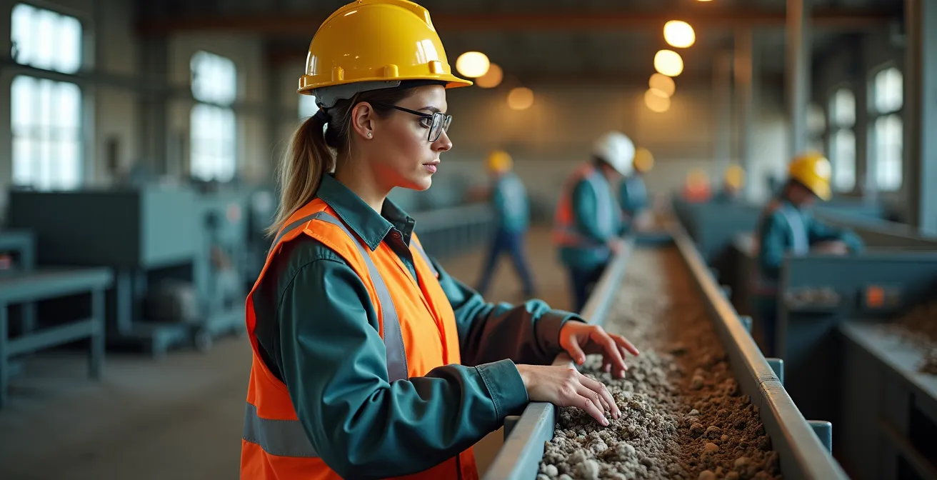 Arbeiter in Sortieranlage entfernt Fehlwürfe vom Förderband