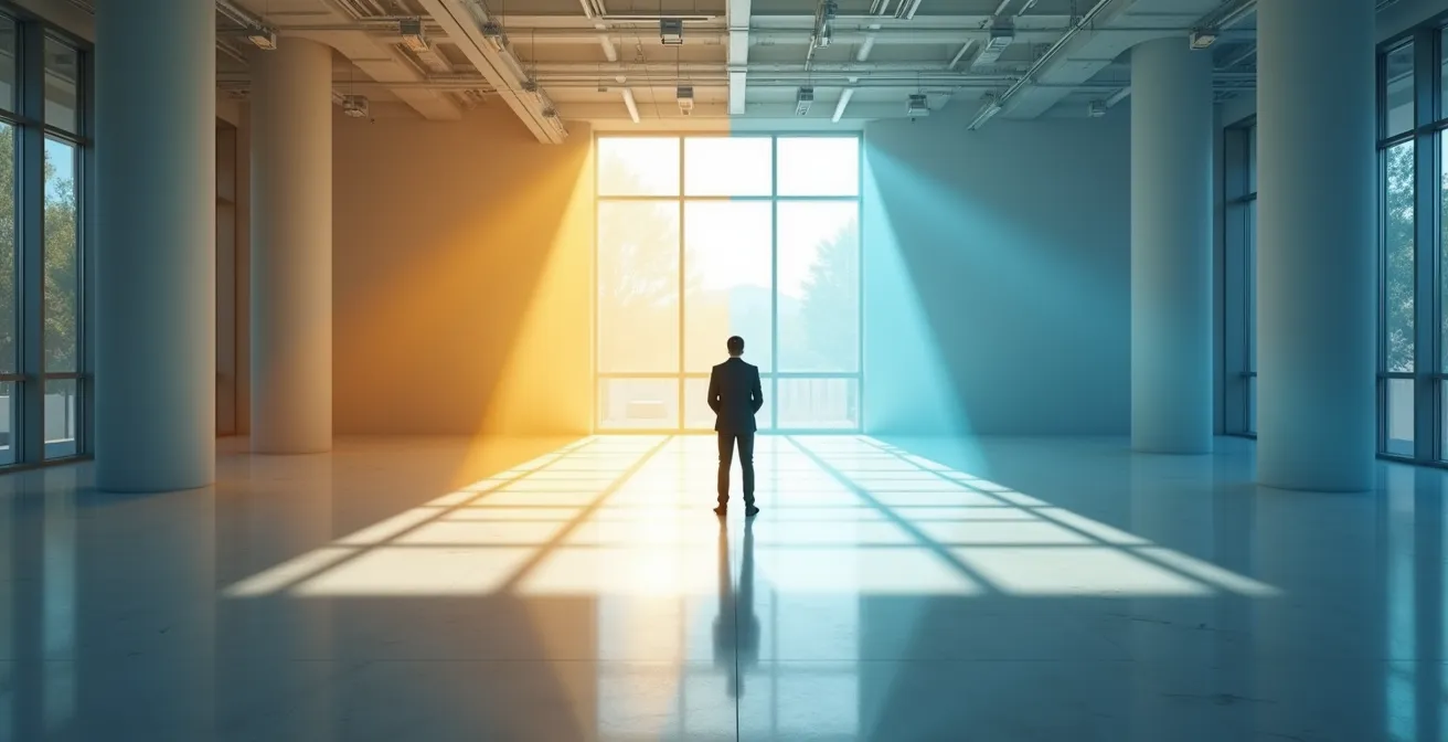 T-förmiges Kompetenzmodell, das eine Person im Zentrum von sich kreuzenden Lichtpfaden zeigt und tiefe Expertise sowie breite Fähigkeiten visualisiert.