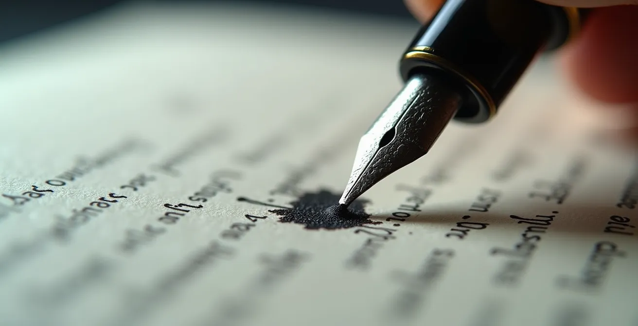 Nahaufnahme einer Hand beim Schreiben in ein Tagebuch mit Makro-Fokus auf die Stiftspitze