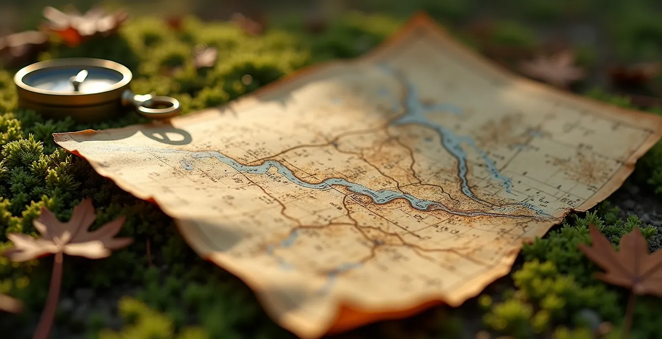 Detailaufnahme einer verwitterten topographischen Karte mit Kompass und historischen Grenzstein-Markierungen