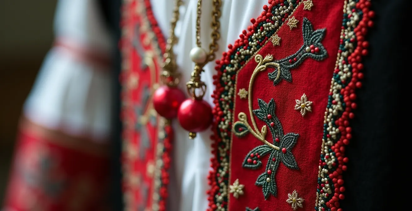 Detailaufnahme traditioneller Schwarzwälder Tracht mit kunstvollen Stickereien