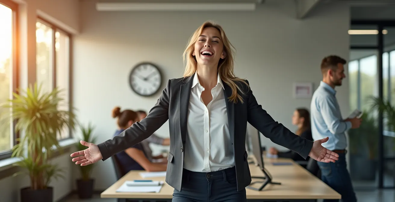 Büromitarbeiter macht Dehnübungen am Stehschreibtisch während einer Bewegungspause