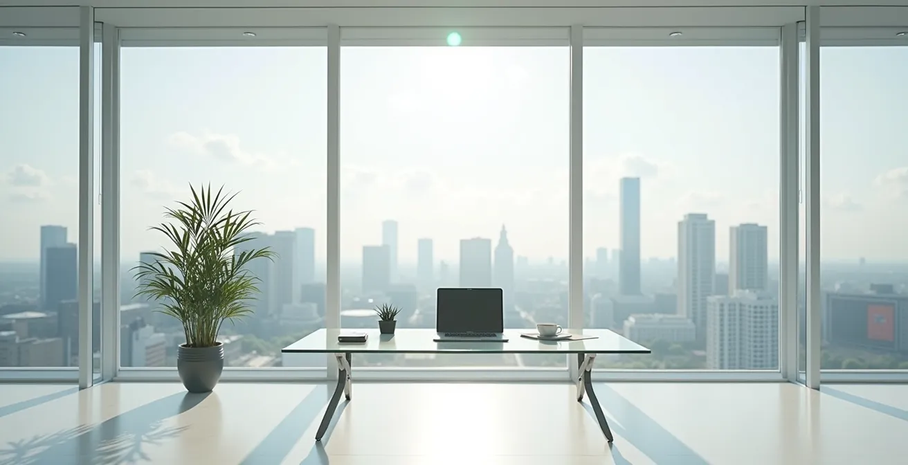 Ein minimalistisches Büro mit Blick auf eine Skyline symbolisiert die strategische Ruhe, die zur Überprüfung von Verlustgrenzen im Portfolio nötig ist.