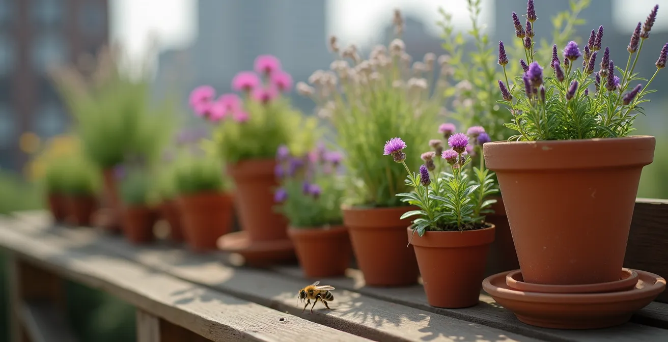 Mehrstöckig bepflanzter Balkon als vertikaler Lebensraum für Stadtinsekten