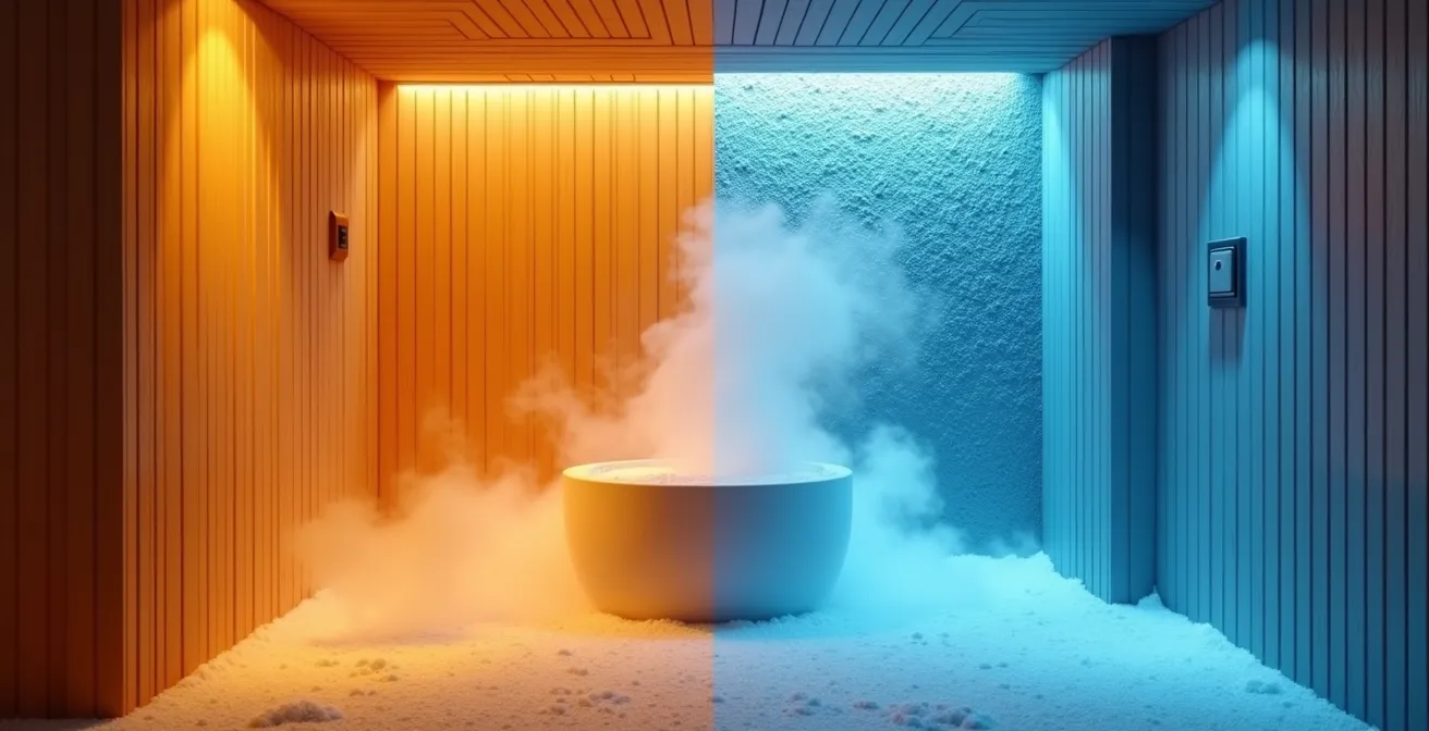 Kontrast zwischen Kältebecken und Saunabereich in deutschem Wellness-Center